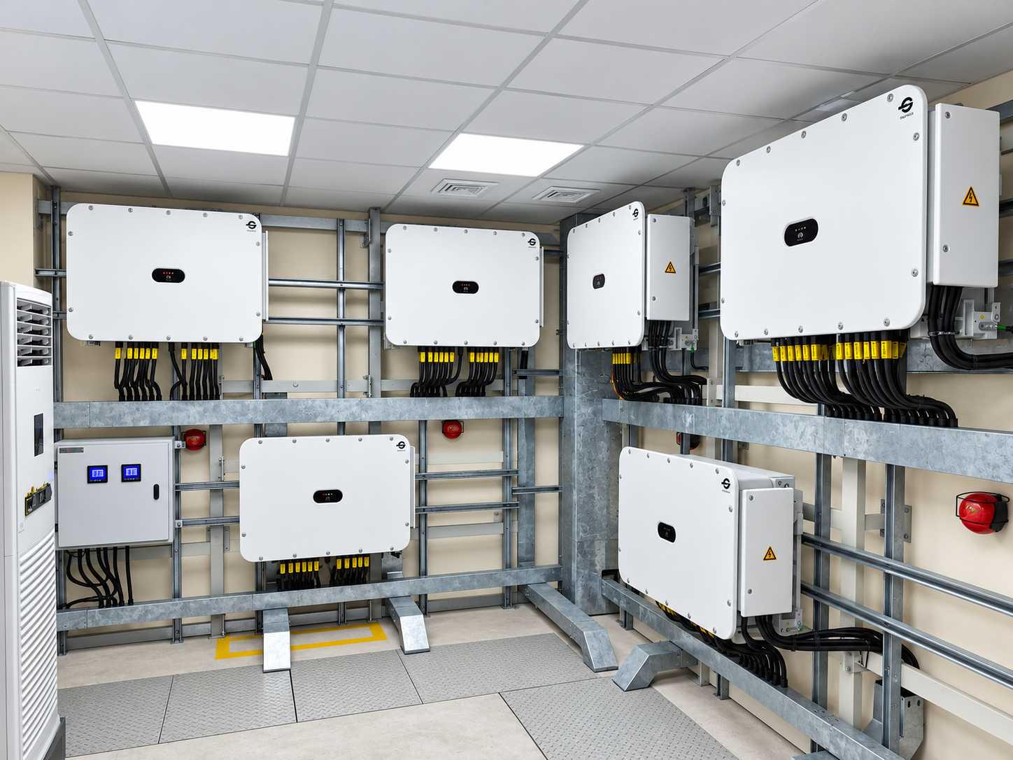 Wall-mounted inverters and battery storage equipment inside a plant room.